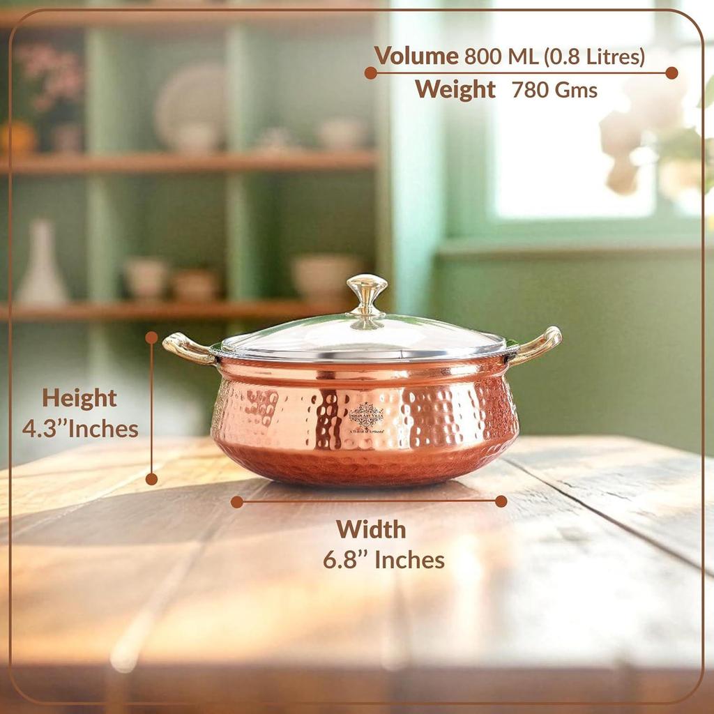 Steel Copper Hammered Design Handi/Casserole with Glass Lid & Brass Knob with Handle, Capacity - 700 Ml, 1 Piece