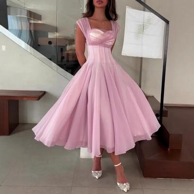 Rochie elegantă de damă din tul pentru vară, sexy, cu decolteu pătrat, talie tip corset, croială A, lungime până la ceai, rochie de mireasă, petrecere de cocktail