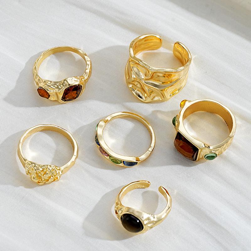 6PCS Maillard Brown Stone Ring Sets for Women Fashion Colorful Zircon Geometric Opening Finger Ring Luxury Party Jewelry Accessories