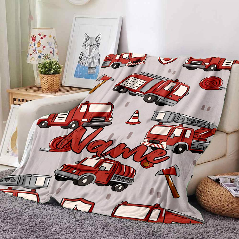 Custom Name fire truck Theme Printed Blanket - Perfect for Couch, Bed, Travel & Outdoor Use | Machine Washable, Cozy & Durable.