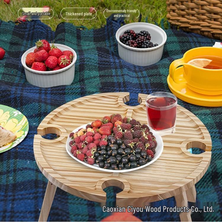 In-Stock Foldable Solid Wood Outdoor Picnic Tray for Wine, Nuts, and Snacks
