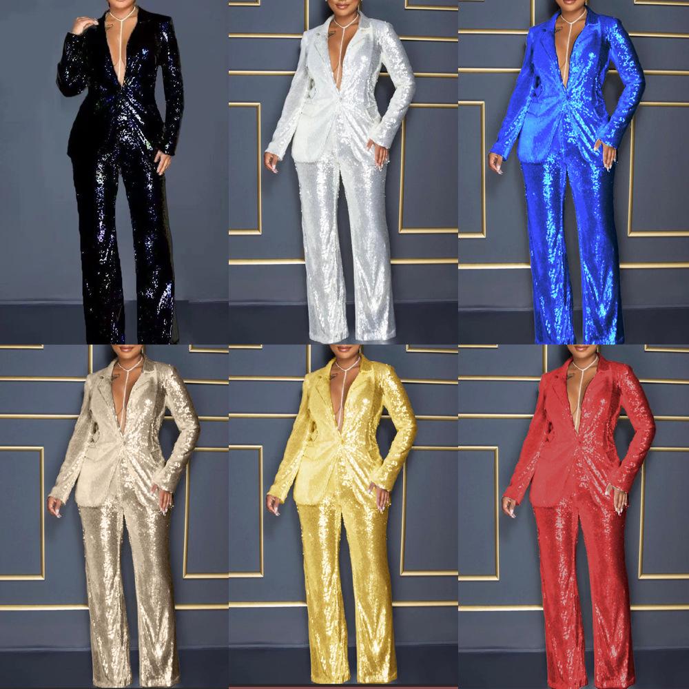 European & American Style Women's V-Neck Sequin Jumpsuit Set - Long-Sleeved, Two-Piece