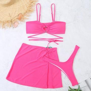 Swimsuit new solid color strap love sexy three-piece skirt bikini swimsuit women