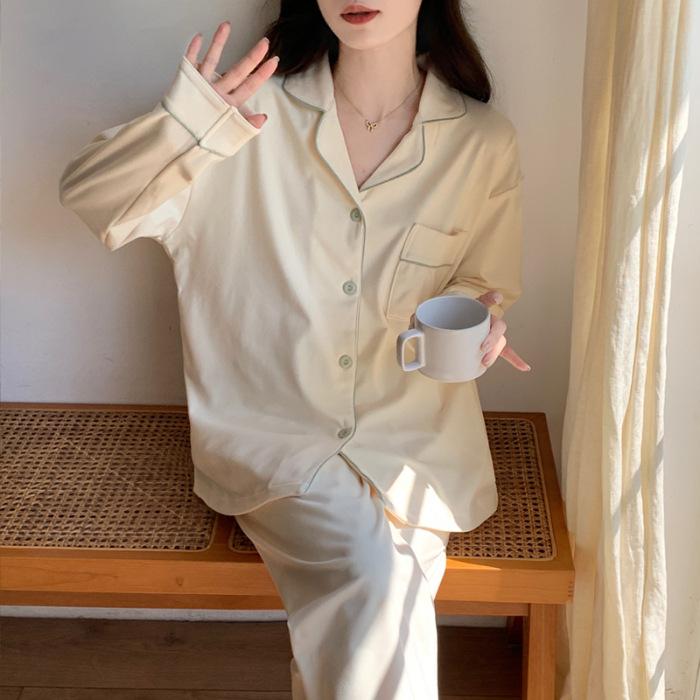 

Весенне-осенний женский пижамный костюм, костюм из двух частей с лацканами для девочек, можно носить вне дома. S абрикосовый