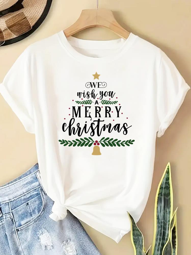 (Asian Size) watercolor letter new year T Clothing Short Sleeve T-shirts  Print merry Christmas o-neck Women's Top Fashion holiday Graphic Tee