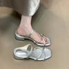 Soft leather version~ French gentle cross with open-toed sandals women's summer temperament square head fashion niche one-word slippers