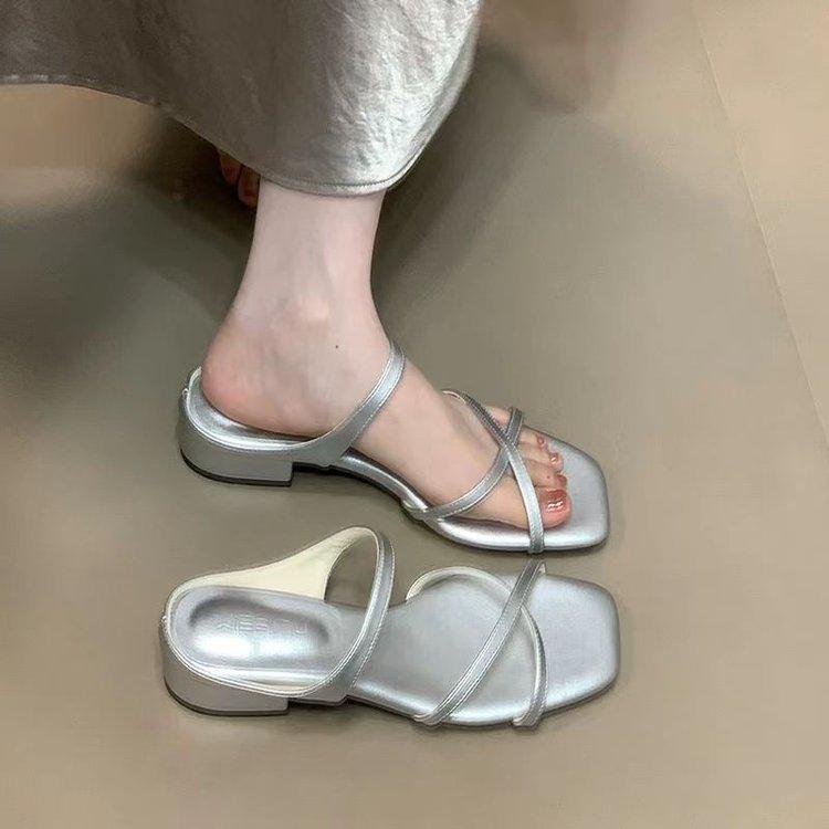 Soft leather version~ French gentle cross with open-toed sandals women's summer temperament square head fashion niche one-word slippers