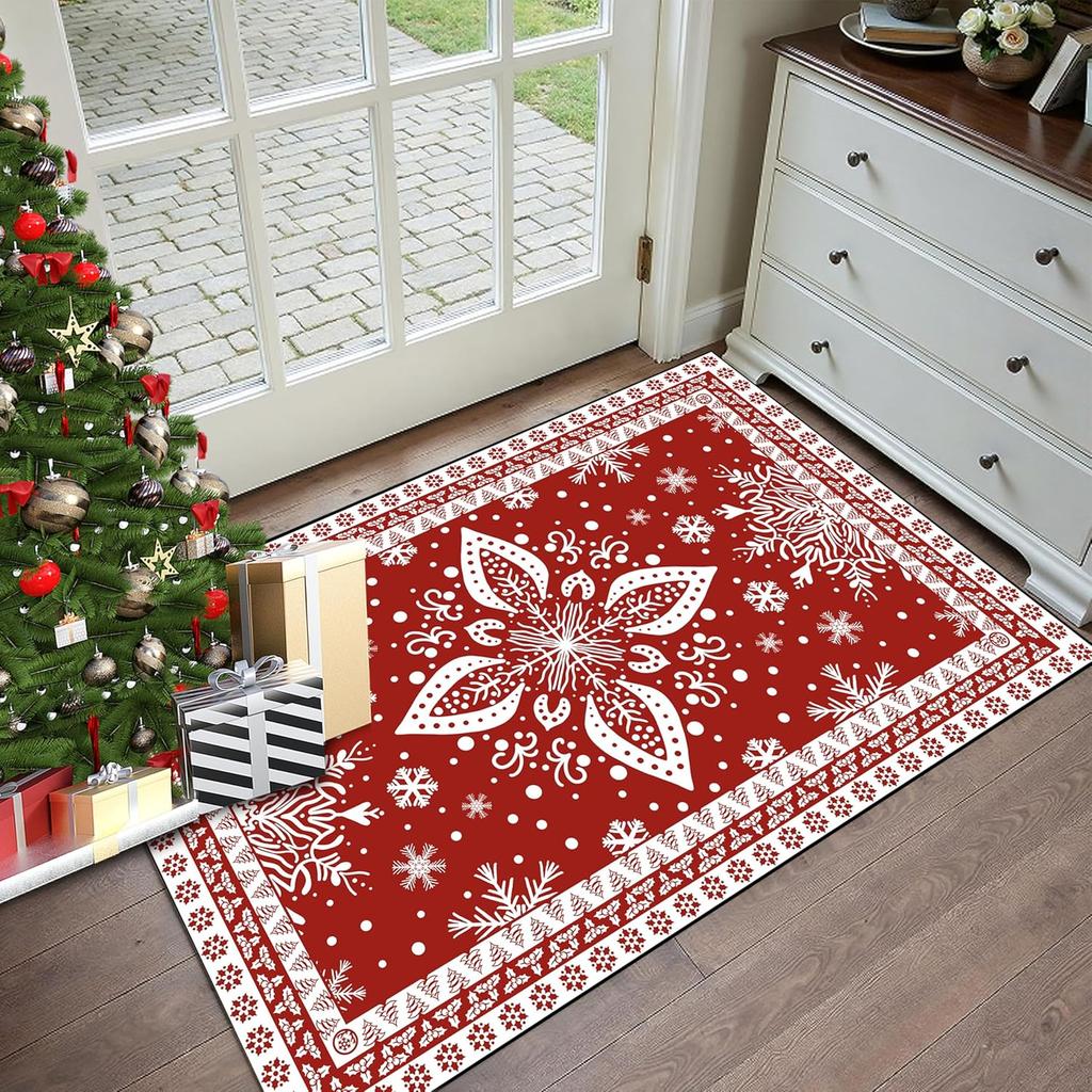 Christmas Rug Red Snowflake Area Rugs Washable for Kids Girls Women Floral Snowflake Carpet for Living Room Bedroom Nursery