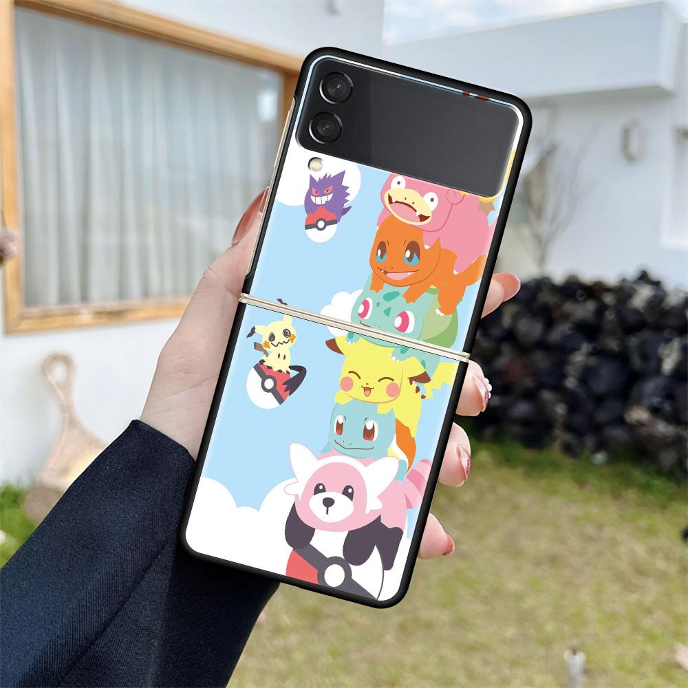 Z Flip 3 Case For Samsung Galaxy Z Flip 3 5G Black Hard Luxury Phone Cover Fall Prevention Fashion PC Shell Cute Pokemon EEvee