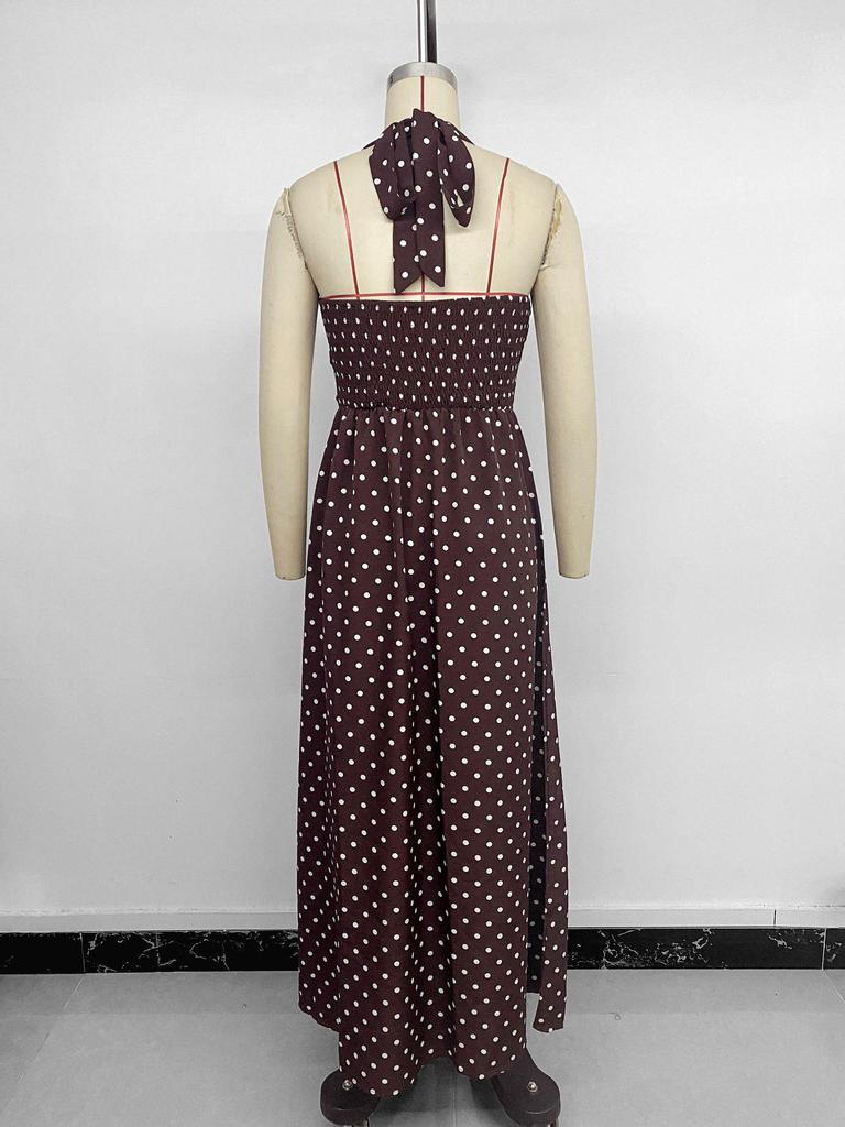 2026 Sexy Retro Polka Dot Halter Neck Dress: European & American Style, Slim Fit, Deep V-neck, Spaghetti Straps.