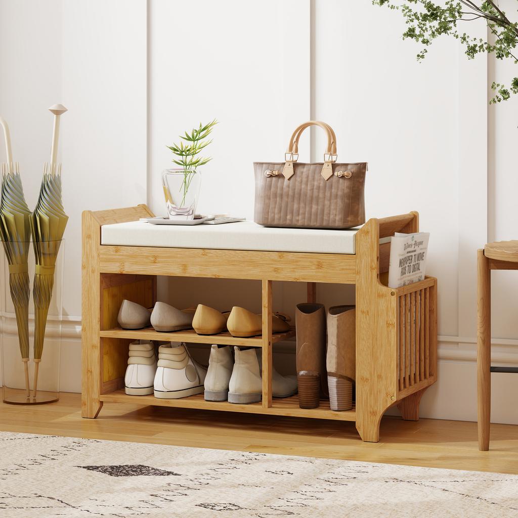 Shoe Bench 2 Tier Boot Section Entryway Storage Bench Cushioned Seat 80 X 30 X 50 Cm Natural And Cream