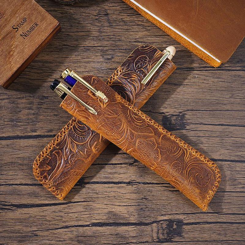 Reliéfní design Ručně vyrobená taštička na tužky Retro taštička na pera Pravá kůže Embossovaná květinová kapsička na pero Dárková ochranná taštička Držák na psací potřeby