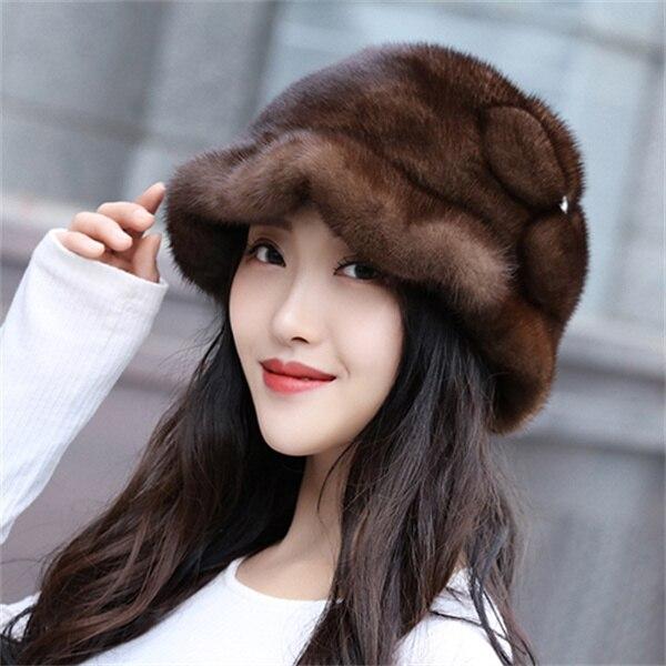 100% Mink Fur Bucket Hat Beanie For Girls Soft Thickened Furry Beret Ladies Hat Elegant Winter Outdoor Windproof Warm Hat