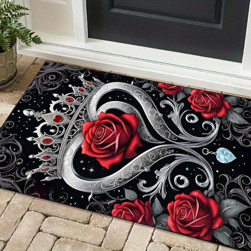 Romantic Roses and Crown Rug: Elegant Black and White Design for Romantic Couples | Luxury Home Decor Skid resistant carpet