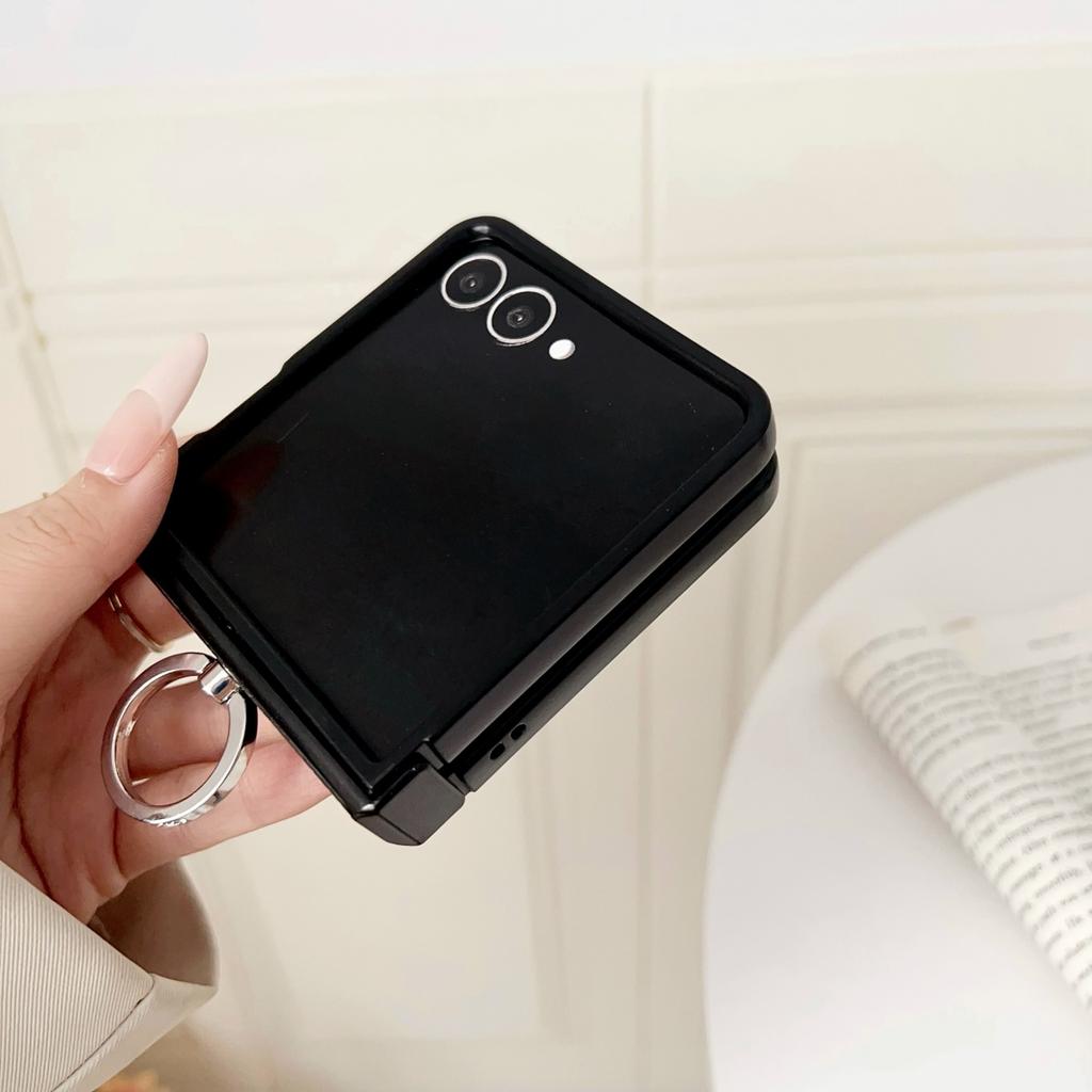 Lychee Pattern Leather Metal Finger Ring Holder Stand Case For Samsung Z Flip 7 6 5 4 3 Diamond Grip Buckle Bracket Cover