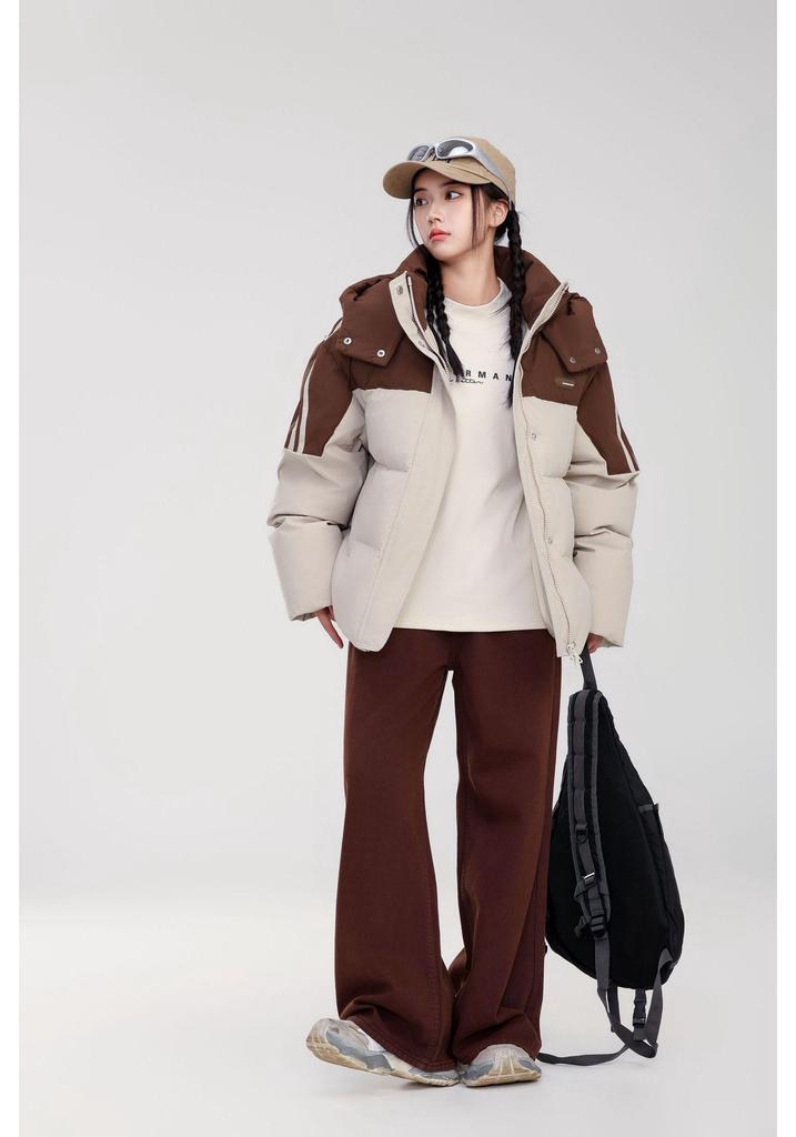 Girls' Fashionable Patchwork Hooded Down Jacket - Thick, Loose Winter Coat