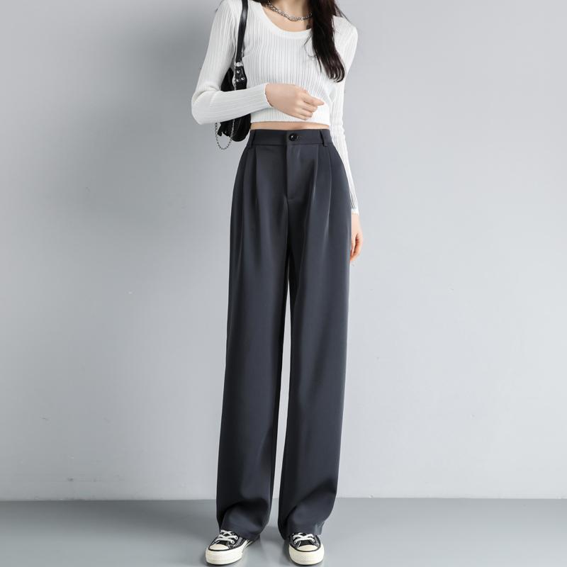 Fashion New Solid Straight Casual Wide Leg Pants Women Elegant Slim Fit High Waist Suit Pants Women Pockets Simple Office Ladies Trousers 25896