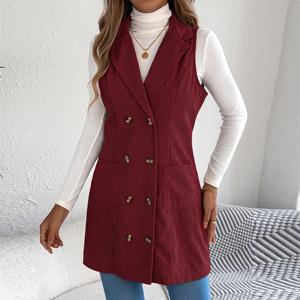 Women's Fashionable Solid Color Sleeveless Button Pocket Vest Jacket