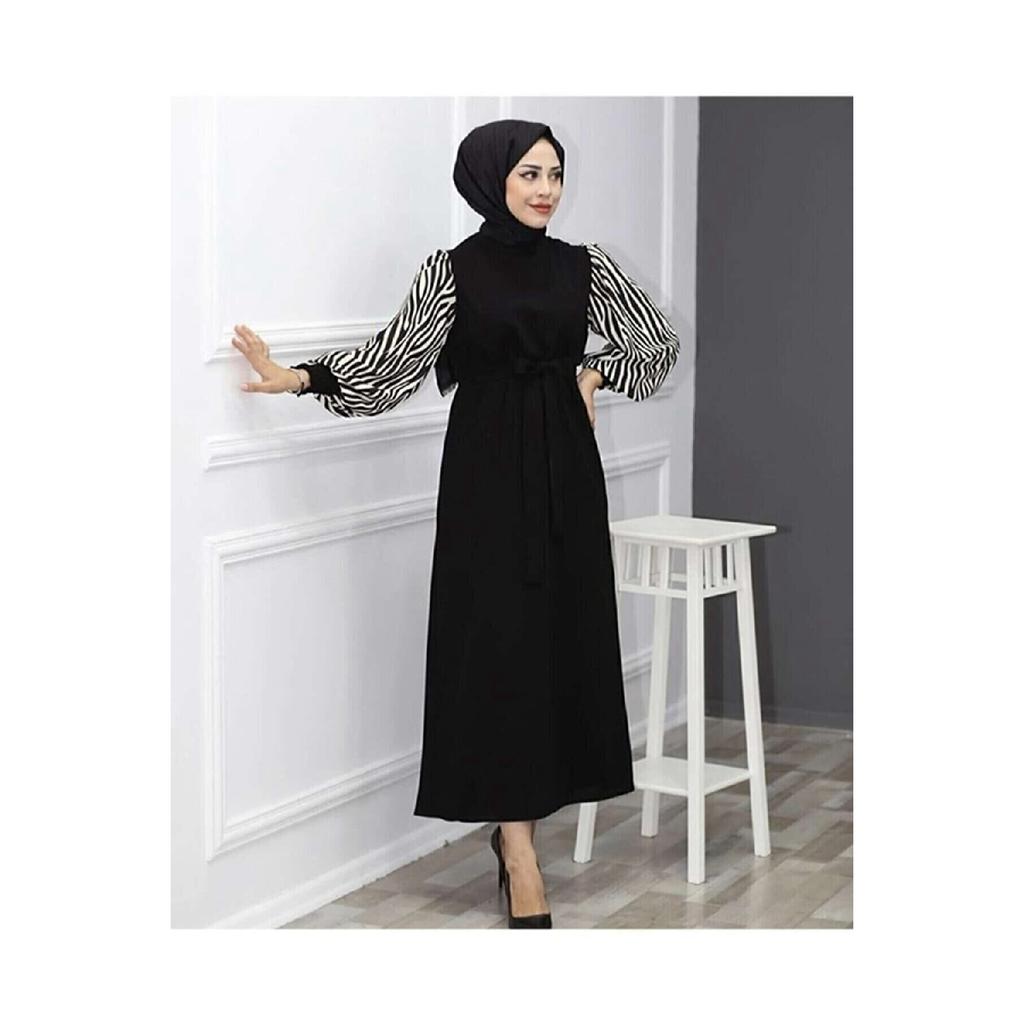 Zebra Patterned Long Length Hijab Dress Ayrobin Fabric Black Size 38-56
