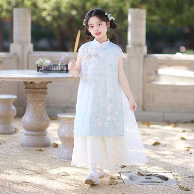 Qibo Girls' Summer Hanfu Cheongsam Dress