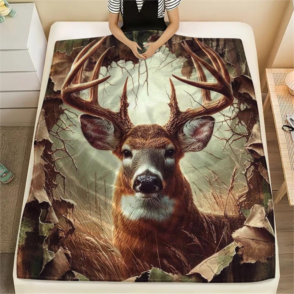 1Pc Deer in Forest Print Flannel Blanket, High quality Comfortable for All Seasons, Home Decor, Warmth and Comfort, Perfect for Gifts