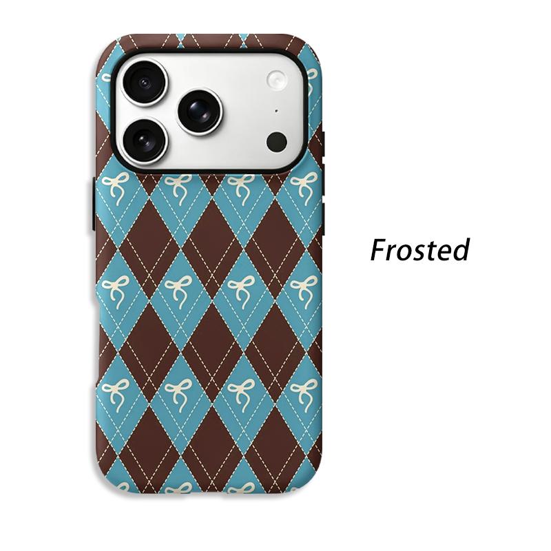 Cozy Brown Teal Argyle Bow Pattern Art Graphic Film Aesthetic Protective Shockproof Bumper Phone Case Cover For iPhone 14 15 16 Pro Max Plus