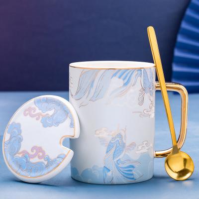 

450ML Chinese Style Creative Ceramic Water Cup Retro Personality Household Cup With Lid Spoon Palace Large Capacity Coffee Cup 401-500ml