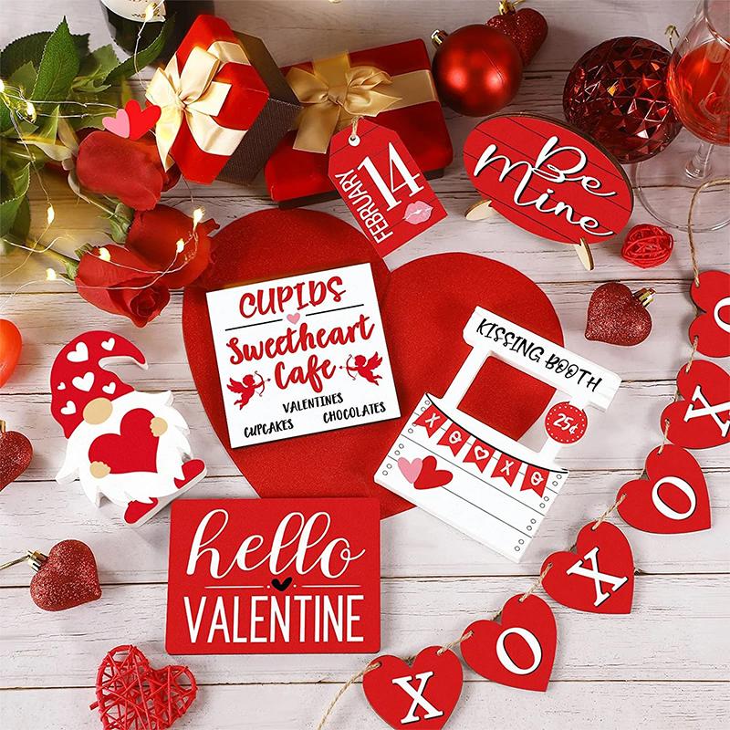 

12pcs/Set Valentine s Day Cartoon Pattern Creative Wood DIY Hanging Decorative Gift Home Party Heart-shaped Romantic Decorations