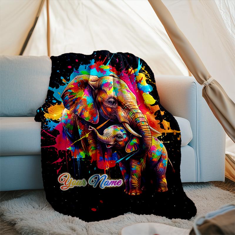 1PC Custom Name Colorful Elephant Family Flannel Blanket Versatile,all-season Throw Suitable for the Living Room,bedroom,camping,travel,and Gift