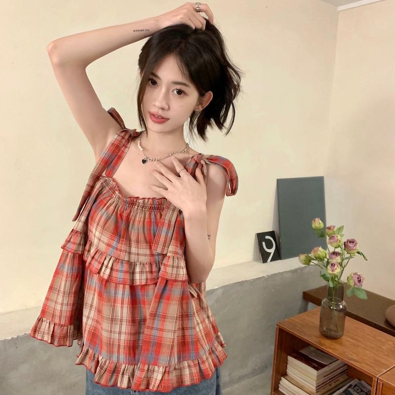 

2025 Summer French Plaid Ruffle Off-Shoulder Tank Top - Women s Casual Vacation Style One Size [Recommended for 125 lbs and under]