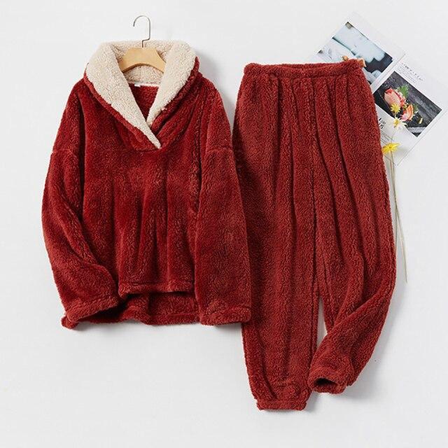 Fleece Pajama Set Women's Solid Long Sleeve Winter Terry Ladies Pijama Suit 2 Pcs with Long Pants Thick Warm Home Clothes Female