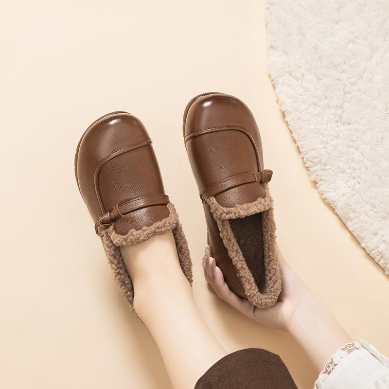 

Retro velvet single shoes for women s winter new middle-aged and old non-slip and warm small leather shoes, one pedal flat-soled mother cotton shoes 41 темно-коричневого