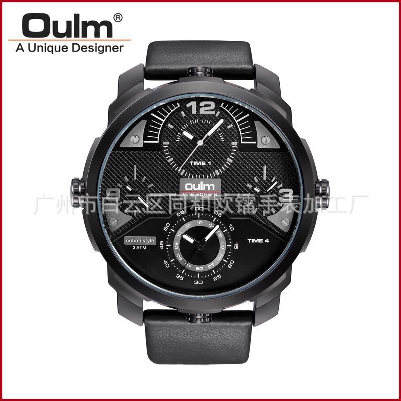 Oulm New Watch Men's Large Dial, Multi-time Zone Multi-movement, Waterproof Quartz Watch, Genuine Leather Watch