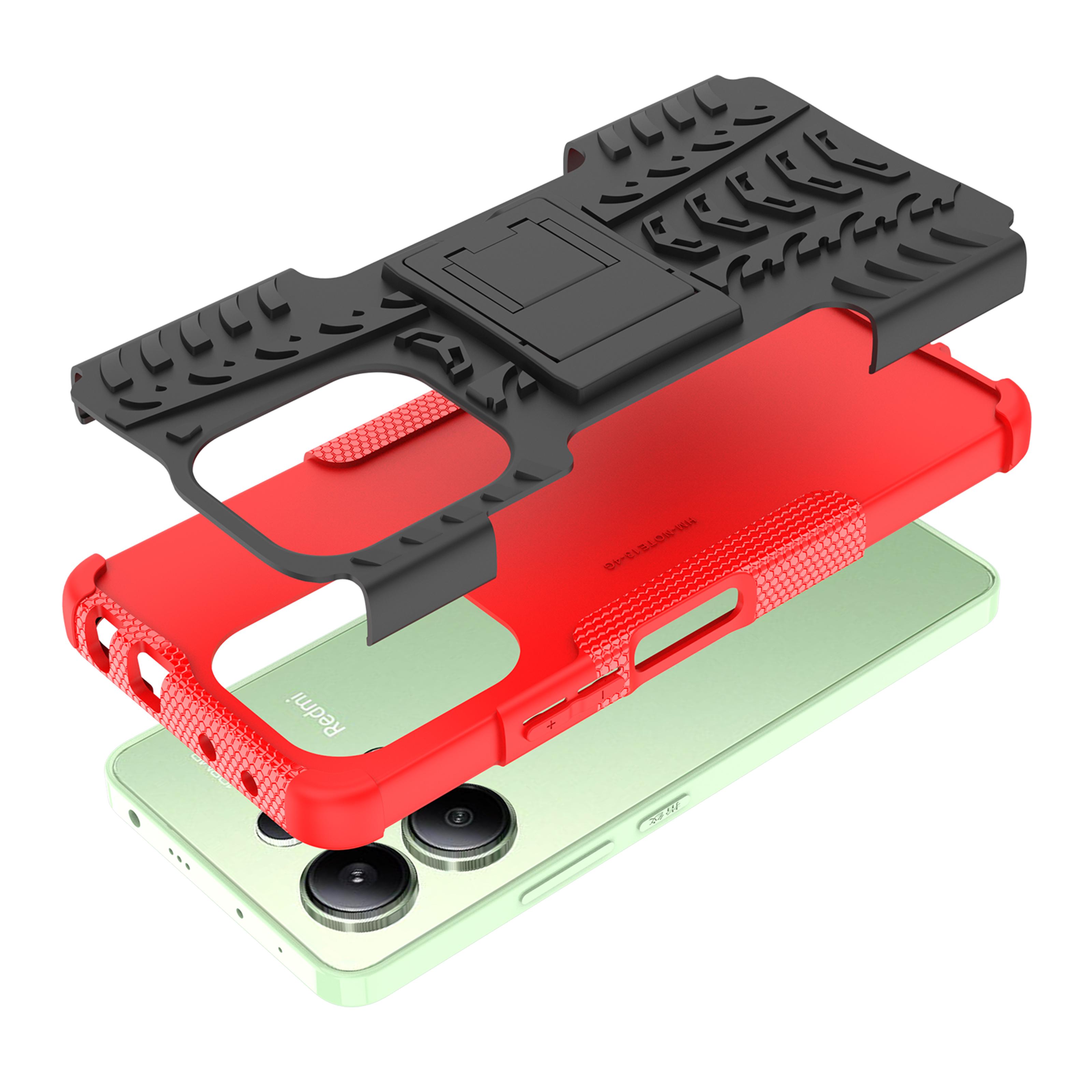 

For Xiaomi Redmi Note 13 4G Kickstand Case PC+TPU Tyre Pattern Protective Phone Cover Red