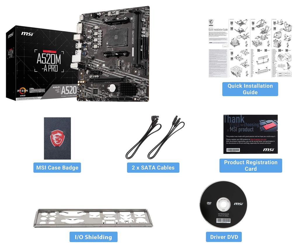MSI PRO AMD AM4 DDR4 PCIe SATA Dual USB Gen 1 A520M-A ???????????? 4.0 6Gb/s M.2 3.2 DVI/HDMI Micro-ATX