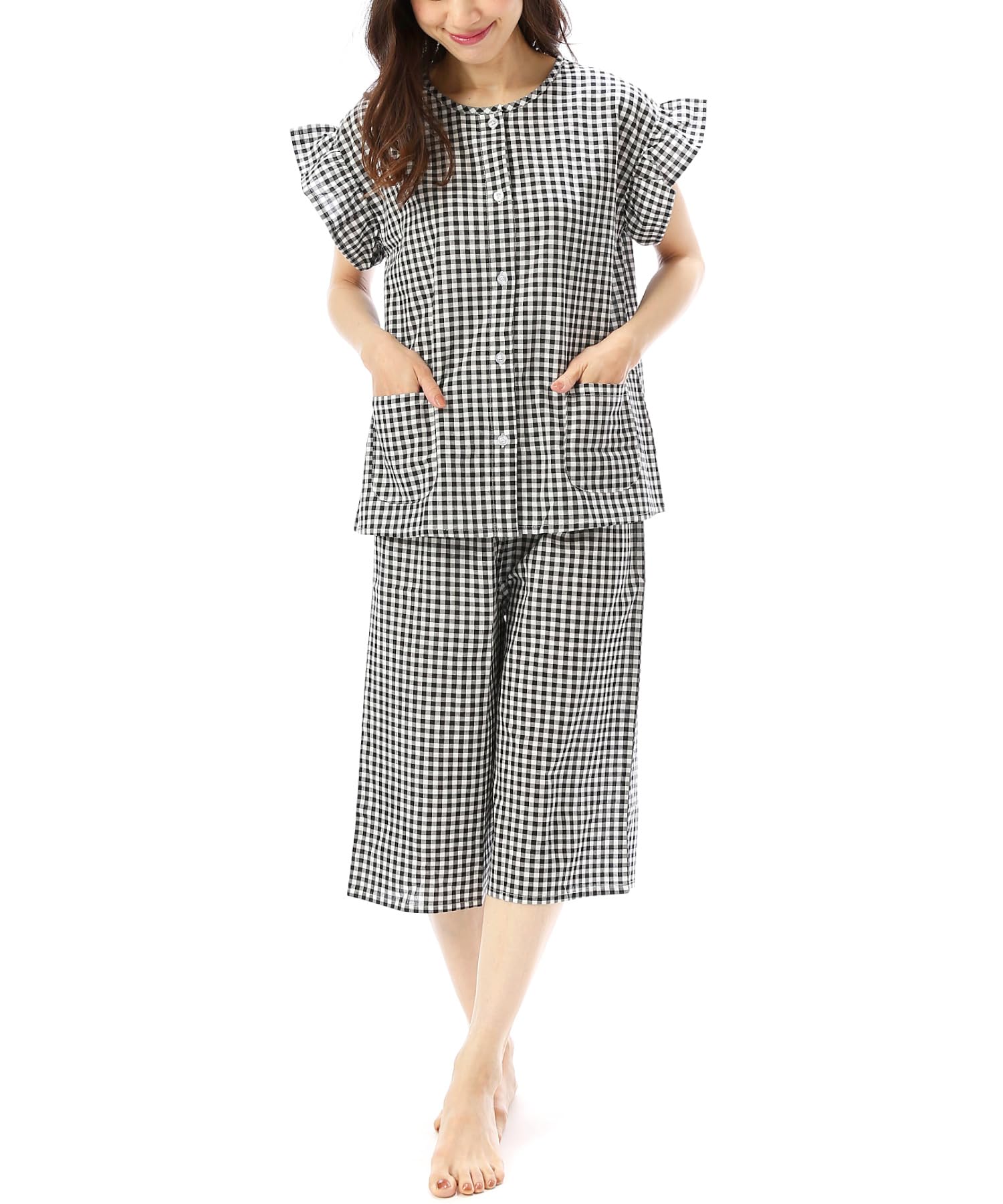 

short ruffle dobby gentle on the front top and bottom length room loungewear Check [Nishiki] Women s pajamas, sleeves, sleeves, summer, cool, 100%