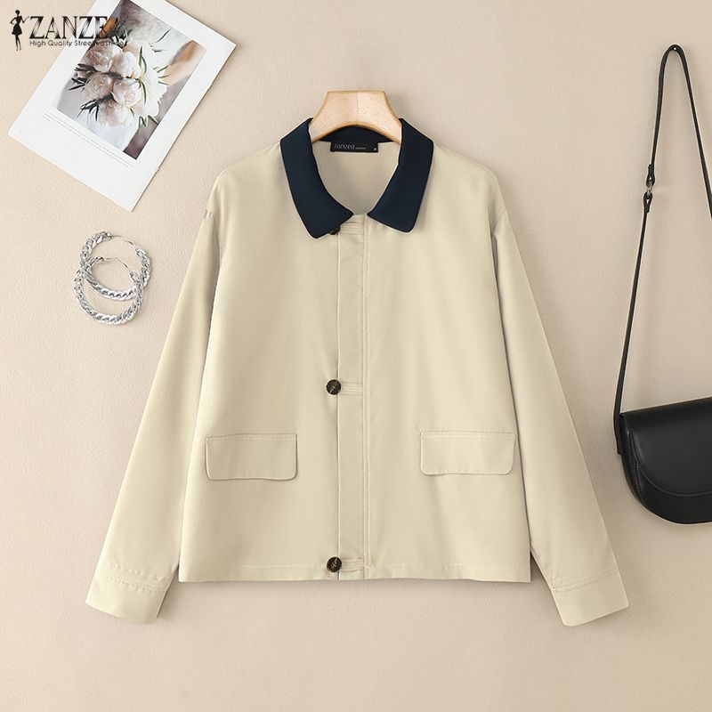 ZANZEA Women Splice Turn Down Collar Casual Long Sleeve Blouse