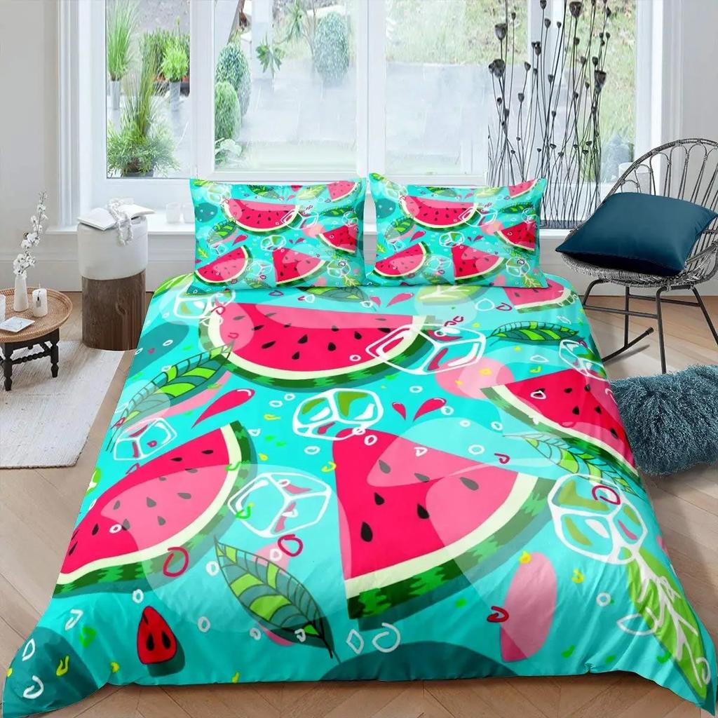 3D Print Watermelon Duvet Cover Summer Black And Green Stripes Fruit Bedding Set Girly Watercolor 2-3Pcs Polyester Quilt Cover
