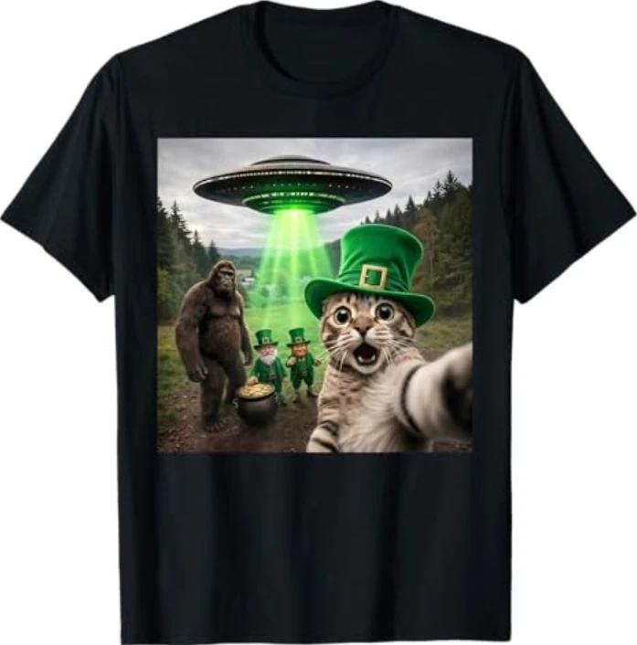 Funny St Patricks Day Cat Selfie with Leprechaun Bigfoot UFO T-Shirt S