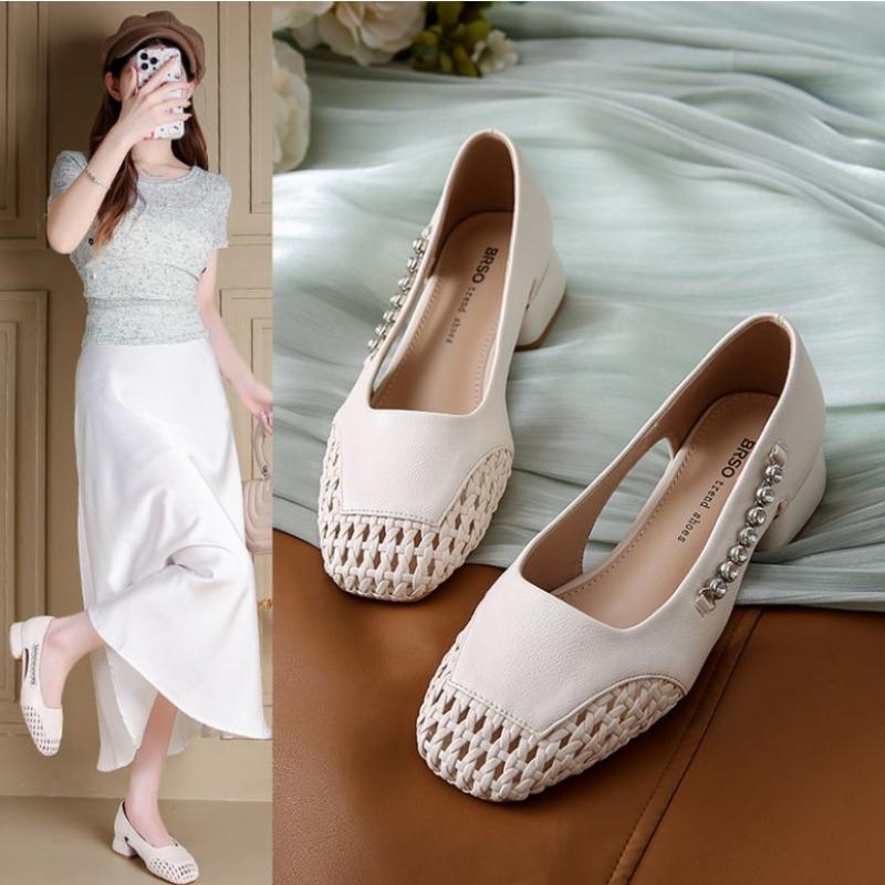 Fashion 2025High-end Summer Breathable Woven Single Shoes Cut-out Shallow Rhinestone Block Heel Women's Shoes