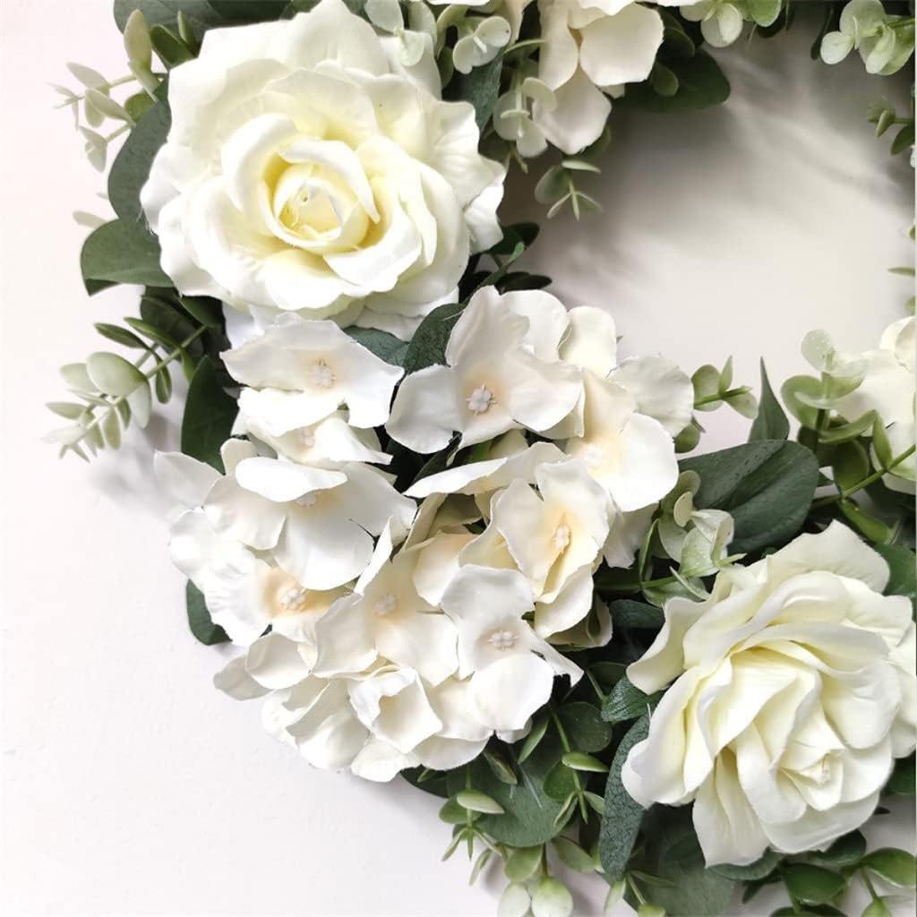 All-Season Artificial Rose Wreath with Embroidery Ball & Realistic Green Leaves - Plastic Flower Garland Suitable for Front Door