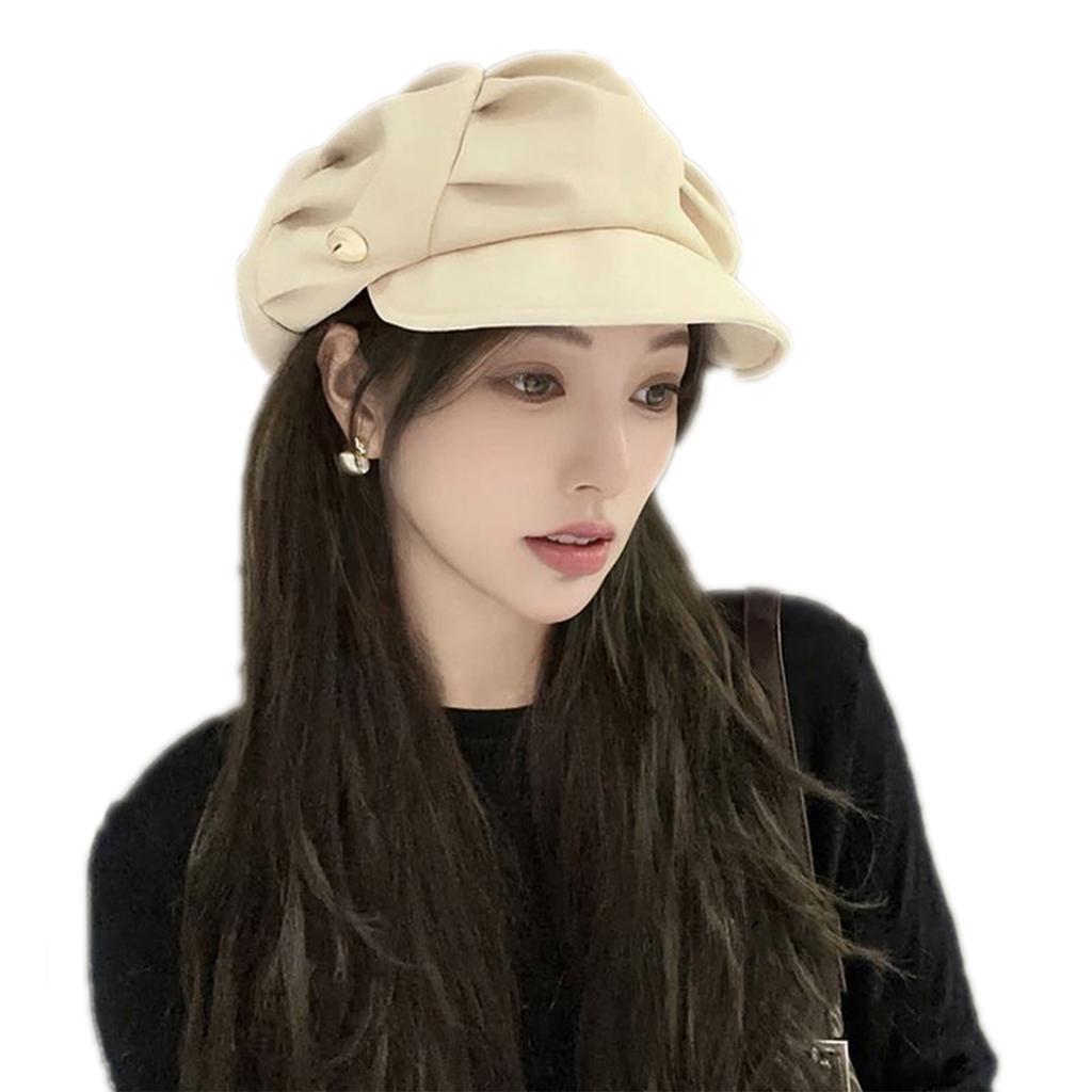 Women Cloud Pleated Newsboy Cap, Adjustable 55-59CM Octagonal Beret Hat, Large Head Circumference Visor Hat, Face Slimming Casual Hat