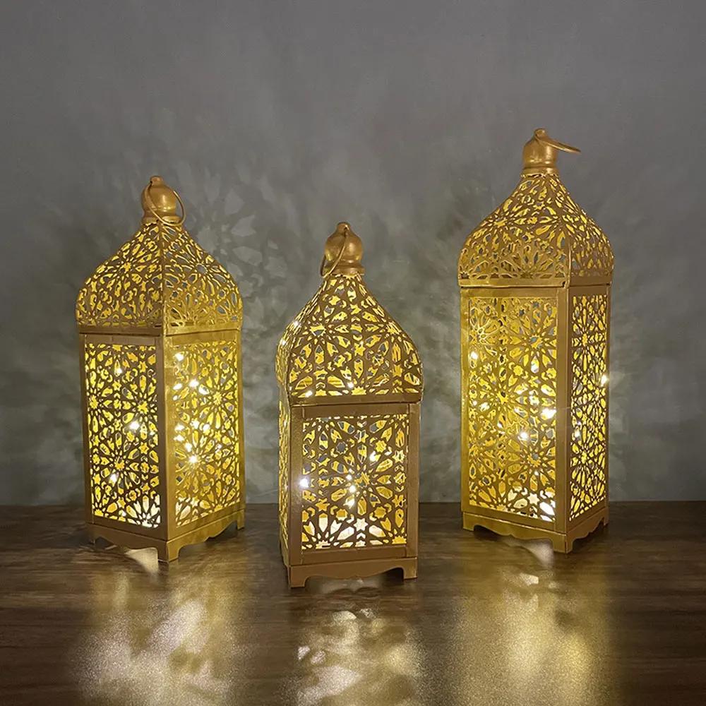 Home Ornament Iron Art Moroccan Night Light Hollow Battery Powered Masjid Lantern Vintage Eid Lamp Mosque