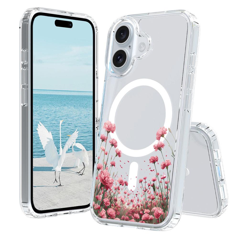 For iPhone 16 Plus Case Compatible with MagSafe Flower Pattern Printing TPU+PC Phone Cover