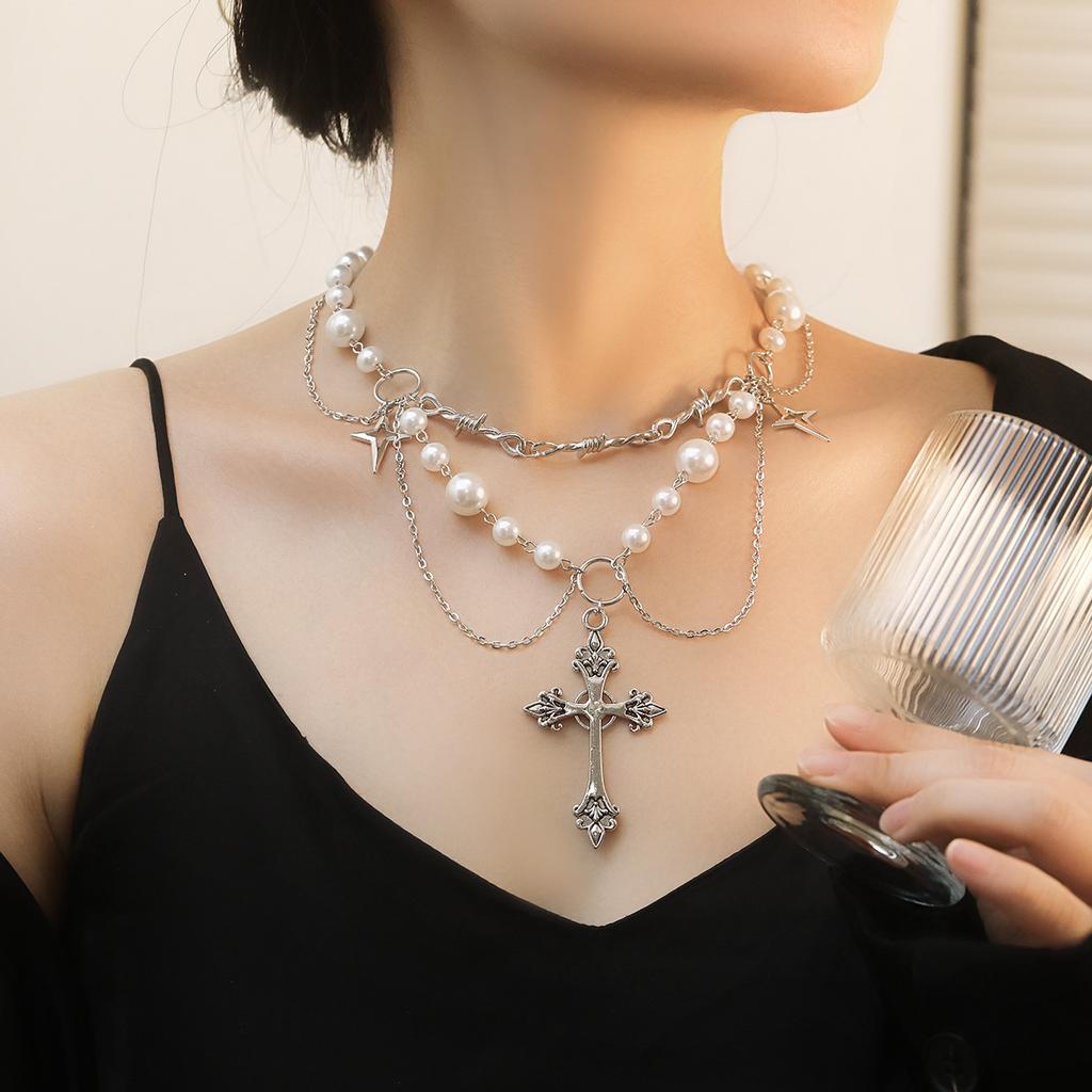 Niche High-end Design Double-layer Highlight Pearl Cross Star Cross Necklace Female Versatile