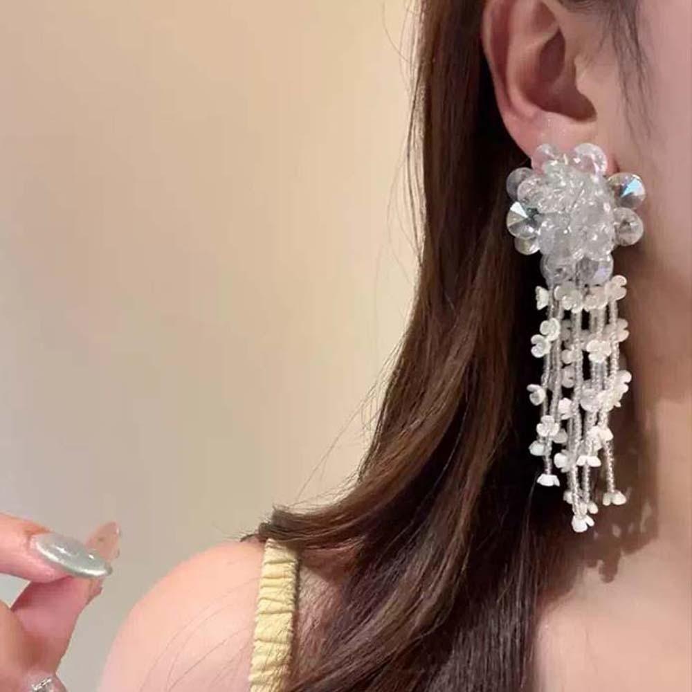 Zinc Zinc Alloy Crystal Beads Ear Drop Luxury Long Ear Drop Brilliant White Flower Earrings  Banquet