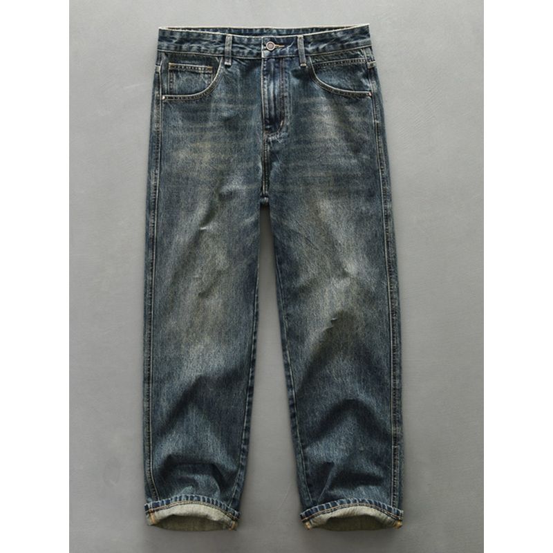 Autumn and Winter Japan fashion Hong Kong Style Jeans Men's Loose High Street Straight Retro Distressed Washed Heavy Cargo Long Pants