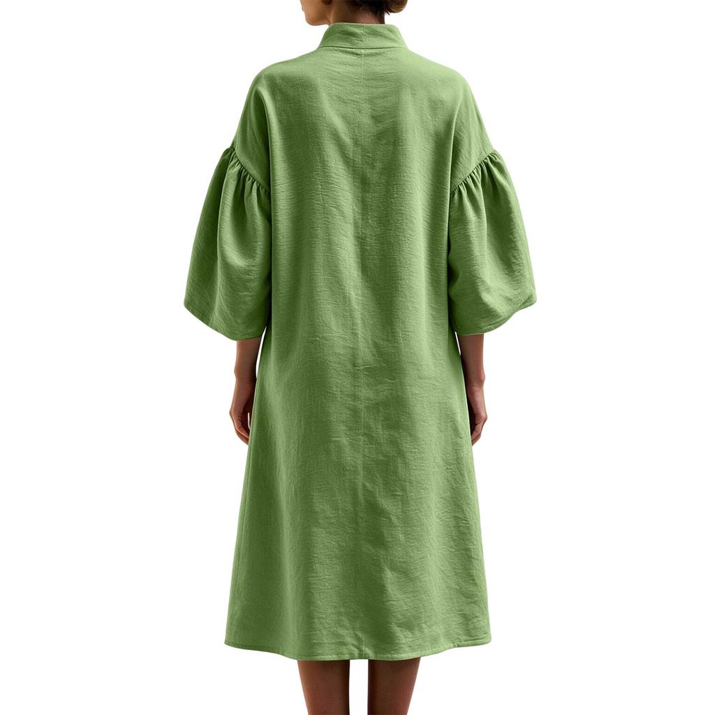Women's Casual Loose Fit Half Zip Dress with Stand Collar and Puff Sleeves