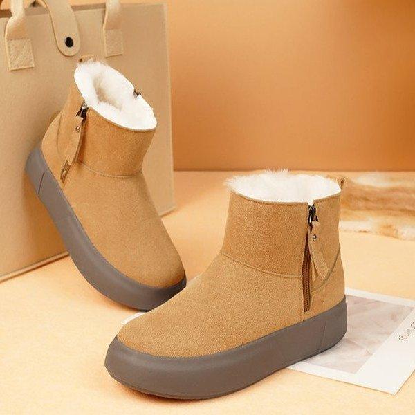 Winter snow boots women's soft leather short boots with fleece and thickened fur integrated flat-bottomed warm and cold-resistant cotton shoes