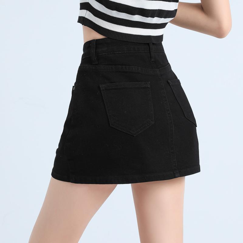 Fusta scurtă de denim retro Fusta scurtă de slăbire cu talie înaltă de vară pentru femei, Fusta înfășurată în șold cu linie A anti-orbire